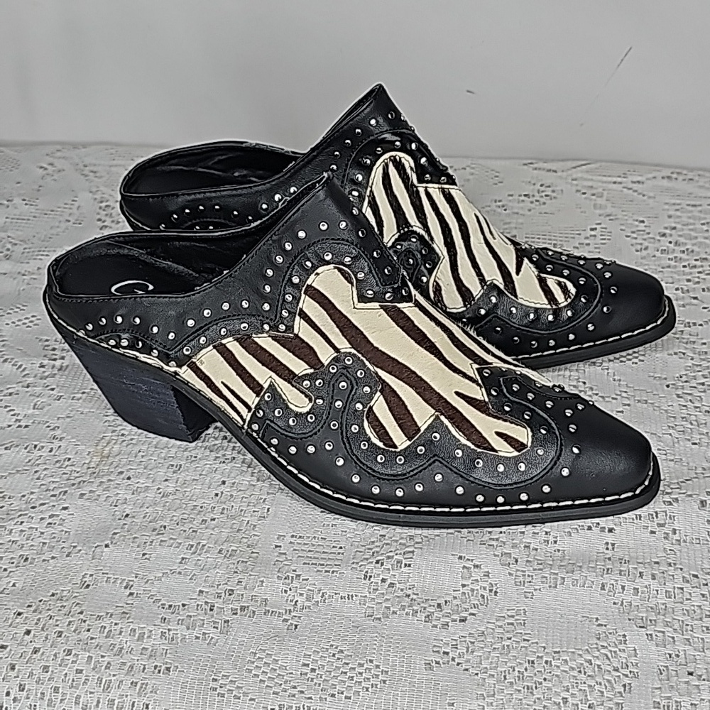 Grazie Maverick zebra pony hair western cowgirl studded slip on clog mules 7.5